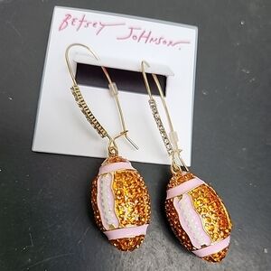 Betsey Johnson Football Earrings Sparkly Pave Crystals Gold Tone Pink Dangle NEW